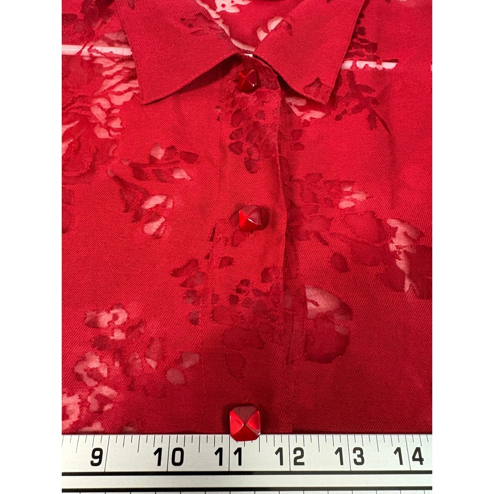Tanjay Red Burnout Floral Button Front Blouse 3/4 Sleeve Size 14 WC0064 - Picture 4 of 5